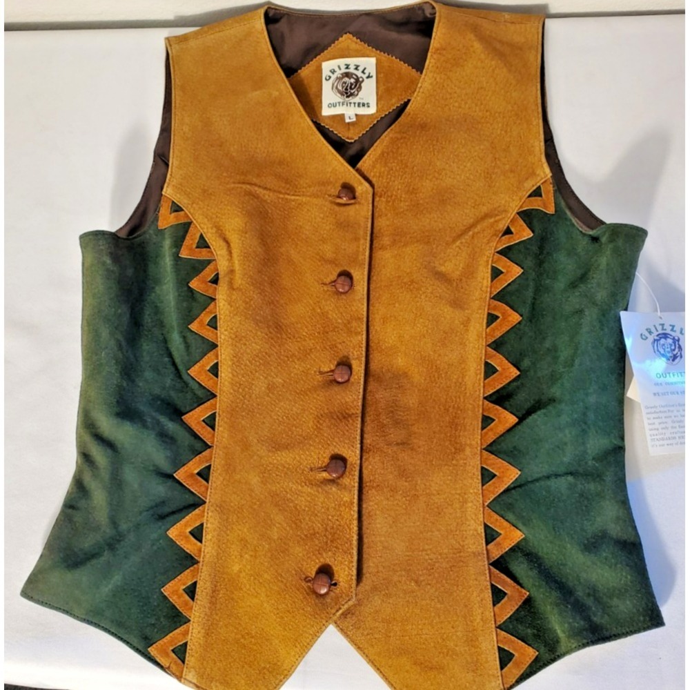 GRIZZLY Outfitters Brown/ Green Leather‎ Western Cowboy Vest Size L NWT